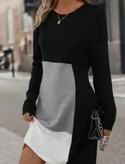 New Women's Mini Dress Sheath Dress Party Casual Semi Formal Party Daily Cocktail Party Regular Fit Graphic Geometric Color Block Long Sleeve Crew Neck Red Blue Gray Spring Fall Winter Autumn Women Casual Dress