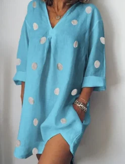 Clearance Women's Mini Dress Shift Dress Casual Outdoor Beach Linen Regular Fit Graphic Polka Dot Long Sleeve V Neck White Pink Blue Gray Summer Women Dresses