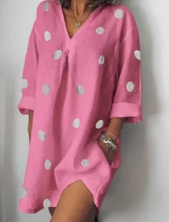 Clearance Women's Mini Dress Shift Dress Casual Outdoor Beach Linen Regular Fit Graphic Polka Dot Long Sleeve V Neck White Pink Blue Gray Summer Women Dresses