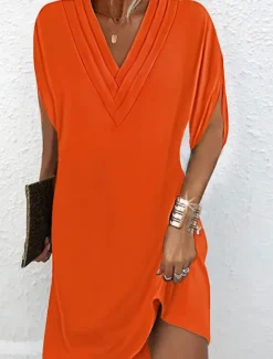 Discount Women's Mini Dress Shift Dress Work Dresses Basic Casual Batwing Sleeve Work Daily Regular Fit Plain Short Sleeve V Neck Pink Orange Green Army Green Summer Spring Women T Shirt Dresses