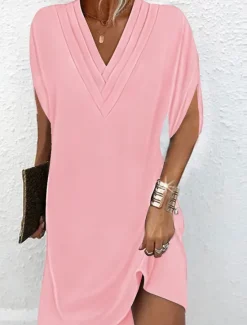 Discount Women's Mini Dress Shift Dress Work Dresses Basic Casual Batwing Sleeve Work Daily Regular Fit Plain Short Sleeve V Neck Pink Orange Green Army Green Summer Spring Women T Shirt Dresses