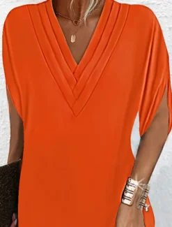 Discount Women's Mini Dress Shift Dress Work Dresses Basic Casual Batwing Sleeve Work Daily Regular Fit Plain Short Sleeve V Neck Pink Orange Green Army Green Summer Spring Women T Shirt Dresses