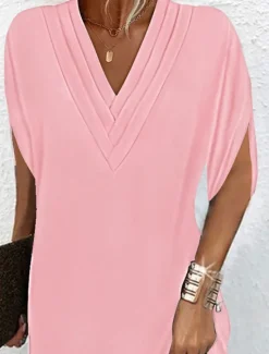 Discount Women's Mini Dress Shift Dress Work Dresses Basic Casual Batwing Sleeve Work Daily Regular Fit Plain Short Sleeve V Neck Pink Orange Green Army Green Summer Spring Women T Shirt Dresses