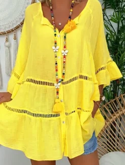 Sale Women's Mini Dress Shift Dress Ruffle Dress Puff Sleeve Dress Linen Casual Daily Holiday Regular Fit Graphic 3/4 Length Sleeve V Neck White Yellow Red Brown Summer Women Dresses|Casual Dress
