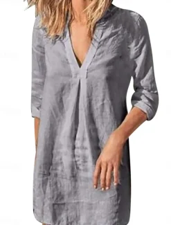 Clearance Women's Mini Dress Shift Dress Linen Casual Daily Regular Fit Graphic Long Sleeve V Neck Black White Wine Gray Summer Women Dresses|Casual Dress