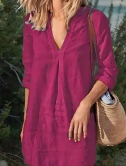 Clearance Women's Mini Dress Shift Dress Linen Casual Daily Regular Fit Graphic Long Sleeve V Neck Black White Wine Gray Summer Women Dresses|Casual Dress