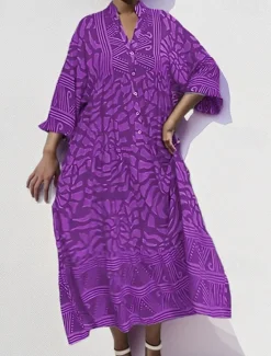 Women's Mini Dress Shift Dress A Line Dress Vacation Casual Boho Outdoor Going out Beach Loose Fit Floral Graphic Geometric Long Sleeve V Neck Pink Blue Purple Brown Summer Spring Women Vacation Dresses
