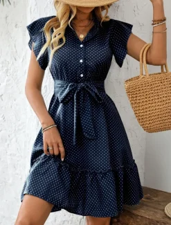 Women's Mini Dress Shirt Dress Casual Dress A Line Dress Stylish Casual Vacation Daily Regular Fit Polka Dot Short Sleeve V Neck Magenta Pink Navy Blue Blue Summer Women Work Dresses