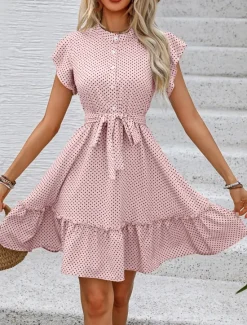 Women's Mini Dress Shirt Dress Casual Dress A Line Dress Stylish Casual Vacation Daily Regular Fit Polka Dot Short Sleeve V Neck Magenta Pink Navy Blue Blue Summer Women Work Dresses