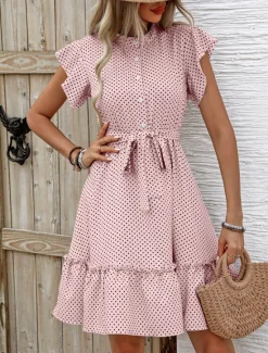 Women's Mini Dress Shirt Dress Casual Dress A Line Dress Stylish Casual Vacation Daily Regular Fit Polka Dot Short Sleeve V Neck Magenta Pink Navy Blue Blue Summer Women Work Dresses