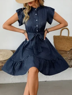 Women's Mini Dress Shirt Dress Casual Dress A Line Dress Stylish Casual Vacation Daily Regular Fit Polka Dot Short Sleeve V Neck Magenta Pink Navy Blue Blue Summer Women Work Dresses