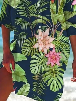 Hot Women's Mini Dress Shirt Dress Hawaiian Shirts Flowy Blue Green Animal Floral Pocket Print Long Sleeve Holiday Casual V Neck Long Summer Holiday Clothes Beach Wear Women Spring Tops