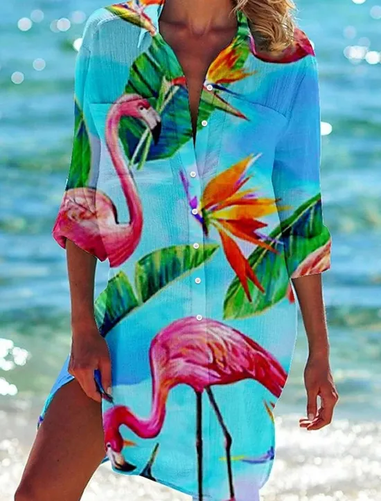 Hot Women's Mini Dress Shirt Dress Hawaiian Shirts Flowy Blue Green Animal Floral Pocket Print Long Sleeve Holiday Casual V Neck Long Summer Holiday Clothes Beach Wear Women Spring Tops