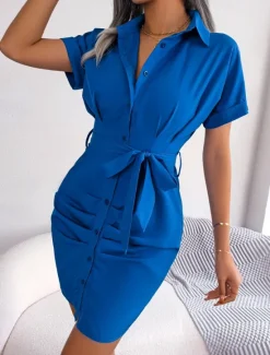 New Women's Mini Dress Shirt Dress Casual Dress Summer Dress Stylish Casual Vacation Daily Date Regular Fit Plain Short Sleeve Lapel Pink Red Blue Summer Spring Women Work Dresses