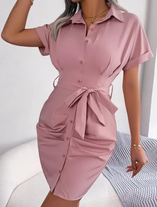 New Women's Mini Dress Shirt Dress Casual Dress Summer Dress Stylish Casual Vacation Daily Date Regular Fit Plain Short Sleeve Lapel Pink Red Blue Summer Spring Women Work Dresses