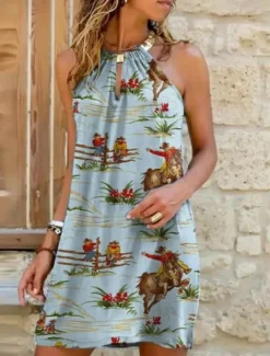 Hot Women's Mini Dress Summer Dress Halter Dress Casual Boho Daily Regular Fit Graphic Sleeveless Crew Neck Summer Women Sundresses