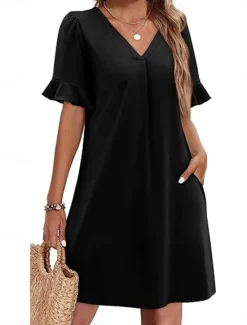 New Women's Mini Dress Summer Dress Casual Daily Regular Fit Plain Short Sleeve V Neck Black Blue Fuchsia Green Summer Women Casual Dress
