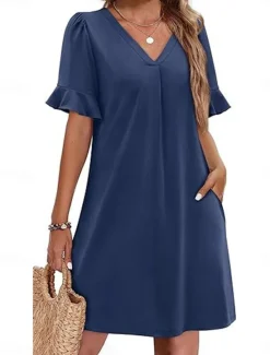 New Women's Mini Dress Summer Dress Casual Daily Regular Fit Plain Short Sleeve V Neck Black Blue Fuchsia Green Summer Women Casual Dress