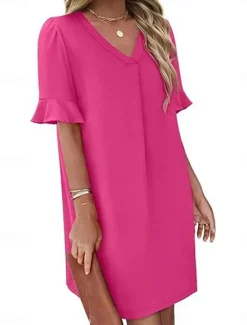New Women's Mini Dress Summer Dress Casual Daily Regular Fit Plain Short Sleeve V Neck Black Blue Fuchsia Green Summer Women Casual Dress