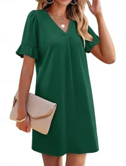 New Women's Mini Dress Summer Dress Casual Daily Regular Fit Plain Short Sleeve V Neck Black Blue Fuchsia Green Summer Women Casual Dress