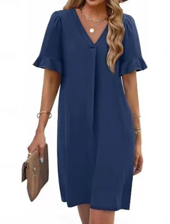 New Women's Mini Dress Summer Dress Casual Daily Regular Fit Plain Short Sleeve V Neck Black Blue Fuchsia Green Summer Women Casual Dress