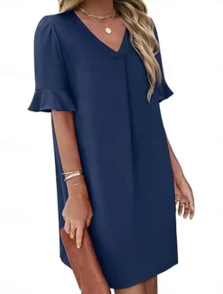 New Women's Mini Dress Summer Dress Casual Daily Regular Fit Plain Short Sleeve V Neck Black Blue Fuchsia Green Summer Women Casual Dress