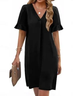 New Women's Mini Dress Summer Dress Casual Daily Regular Fit Plain Short Sleeve V Neck Black Blue Fuchsia Green Summer Women Casual Dress