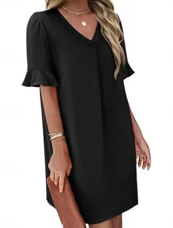 New Women's Mini Dress Summer Dress Casual Daily Regular Fit Plain Short Sleeve V Neck Black Blue Fuchsia Green Summer Women Casual Dress