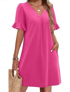 New Women's Mini Dress Summer Dress Casual Daily Regular Fit Plain Short Sleeve V Neck Black Blue Fuchsia Green Summer Women Casual Dress