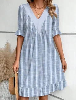 Online Women's Mini Dress Summer Dress Casual Daily Regular Fit Floral Striped Half Sleeve V Neck Red Light Brown Blue Green Summer Spring Women Casual Dress|Vacation Dresses