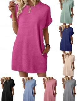 Women's Mini Dress Summer Dress Casual Daily Regular Fit Plain Short Sleeve Crew Neck Black Light Green Pink Sky Blue Summer Women T Shirt Dresses