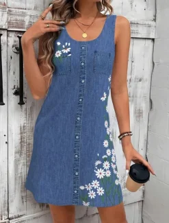 Clearance Women's Mini Dress Sundress A Line Dress Summer Dress Vacation Casual Daily Regular Fit Floral Graphic Sleeveless U Neck Navy Blue Blue Summer Women T Shirt Dresses