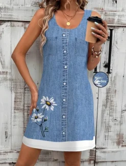 Clearance Women's Mini Dress Sundress A Line Dress Summer Dress Vacation Casual Daily Regular Fit Floral Graphic Sleeveless U Neck Navy Blue Blue Summer Women T Shirt Dresses