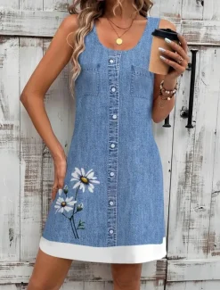 Clearance Women's Mini Dress Sundress A Line Dress Summer Dress Vacation Casual Daily Regular Fit Floral Graphic Sleeveless U Neck Navy Blue Blue Summer Women T Shirt Dresses
