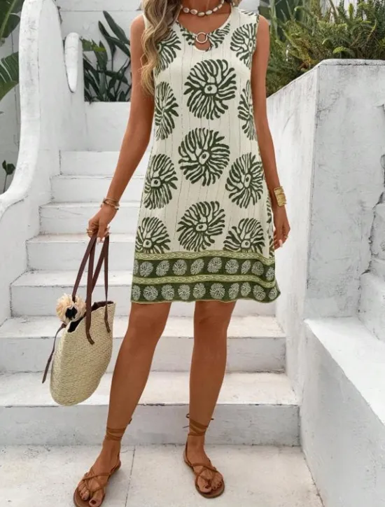 Hot Women's Mini Dress Sundress Vacation Boho Going out Beach Standard Fit Floral Graphic Paisley Sleeveless Crewneck Black Green Summer Spring Women T Shirt Dresses