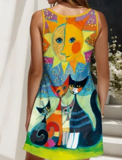 Outlet Women's Mini Dress Sundress Shift Dress Off The Shoulder Dress Vacation Casual Outdoor Going out Regular Fit Graphic Animal Cat Sleeveless V Neck Yellow Red Blue Purple Summer Spring Women Sundresses