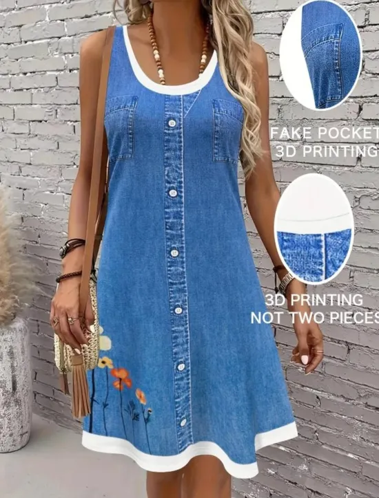 Discount Women's Mini Dress Sundress A Line Dress Summer Dress Vacation Casual Daily Regular Fit Floral Graphic Sleeveless U Neck Blue Dark Blue Summer Women Sundresses