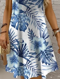 Women's Mini Dress Sundress A Line Dress Summer Dress Vacation Casual Wedding Home Party Regular Fit Floral Graphic Leaf Sleeveless U Neck Yellow Red Blue Purple Summer Spring Women Sundresses