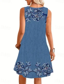 Outlet Women's Mini Dress Sundress A Line Dress Summer Dress Vacation Casual Daily Regular Fit Graphic Plain Sleeveless U Neck Blue Dark Blue Summer Women Sundresses