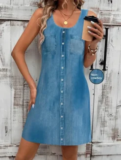 Outlet Women's Mini Dress Sundress A Line Dress Summer Dress Vacation Casual Daily Regular Fit Graphic Plain Sleeveless U Neck Blue Dark Blue Summer Women Sundresses