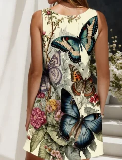 Sale Women's Mini Dress Sundress A Line Dress Off The Shoulder Dress Vacation Casual Holiday Beach Regular Fit Floral Graphic Butterfly Sleeveless Crew Neck Light Yellow Blue Purple Green Summer Spring Women Sundresses