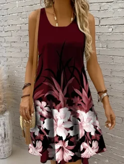 Online Women's Mini Dress Sundress A Line Dress Summer Dress Vacation Casual Regular Fit Ombre Floral Graphic Sleeveless U Neck Scoop Neck Black And White Dark Brown Red Blue Summer Spring Women Sundresses