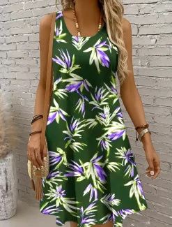 New Women's Mini Dress Sundress A Line Dress Summer Dress Vacation Casual Regular Fit Graphic Leaf Sleeveless U Neck Black And White Burgundy Purple Green Summer Spring Women Sundresses