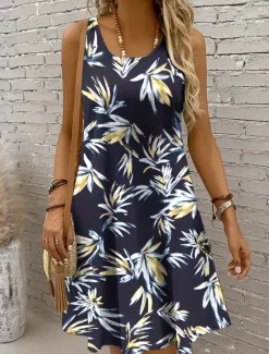 New Women's Mini Dress Sundress A Line Dress Summer Dress Vacation Casual Regular Fit Graphic Leaf Sleeveless U Neck Black And White Burgundy Purple Green Summer Spring Women Sundresses