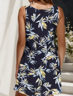 New Women's Mini Dress Sundress A Line Dress Summer Dress Vacation Casual Regular Fit Graphic Leaf Sleeveless U Neck Black And White Burgundy Purple Green Summer Spring Women Sundresses