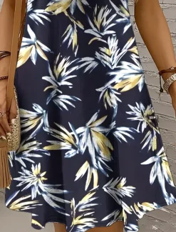 New Women's Mini Dress Sundress A Line Dress Summer Dress Vacation Casual Regular Fit Graphic Leaf Sleeveless U Neck Black And White Burgundy Purple Green Summer Spring Women Sundresses