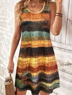 Women's Mini Dress Sundress A Line Dress Summer Dress Vacation Casual Regular Fit Graphic Geometric Stripe Sleeveless U Neck Summer Spring Women Vacation Dresses