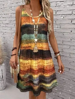 Women's Mini Dress Sundress A Line Dress Summer Dress Vacation Casual Regular Fit Graphic Geometric Stripe Sleeveless U Neck Summer Spring Women Vacation Dresses