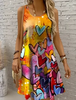 Outlet Women's Mini Dress Sundress A Line Dress Off The Shoulder Dress Vacation Casual Boho Holiday Beach Regular Fit Heart Graphic Sleeveless Crew Neck Yellow Red Blue Purple Summer Spring Women Sundresses