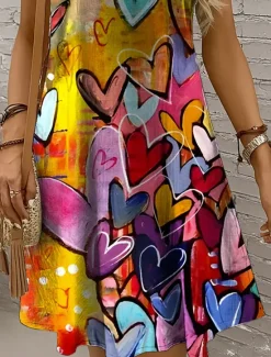Outlet Women's Mini Dress Sundress A Line Dress Off The Shoulder Dress Vacation Casual Boho Holiday Beach Regular Fit Heart Graphic Sleeveless Crew Neck Yellow Red Blue Purple Summer Spring Women Sundresses
